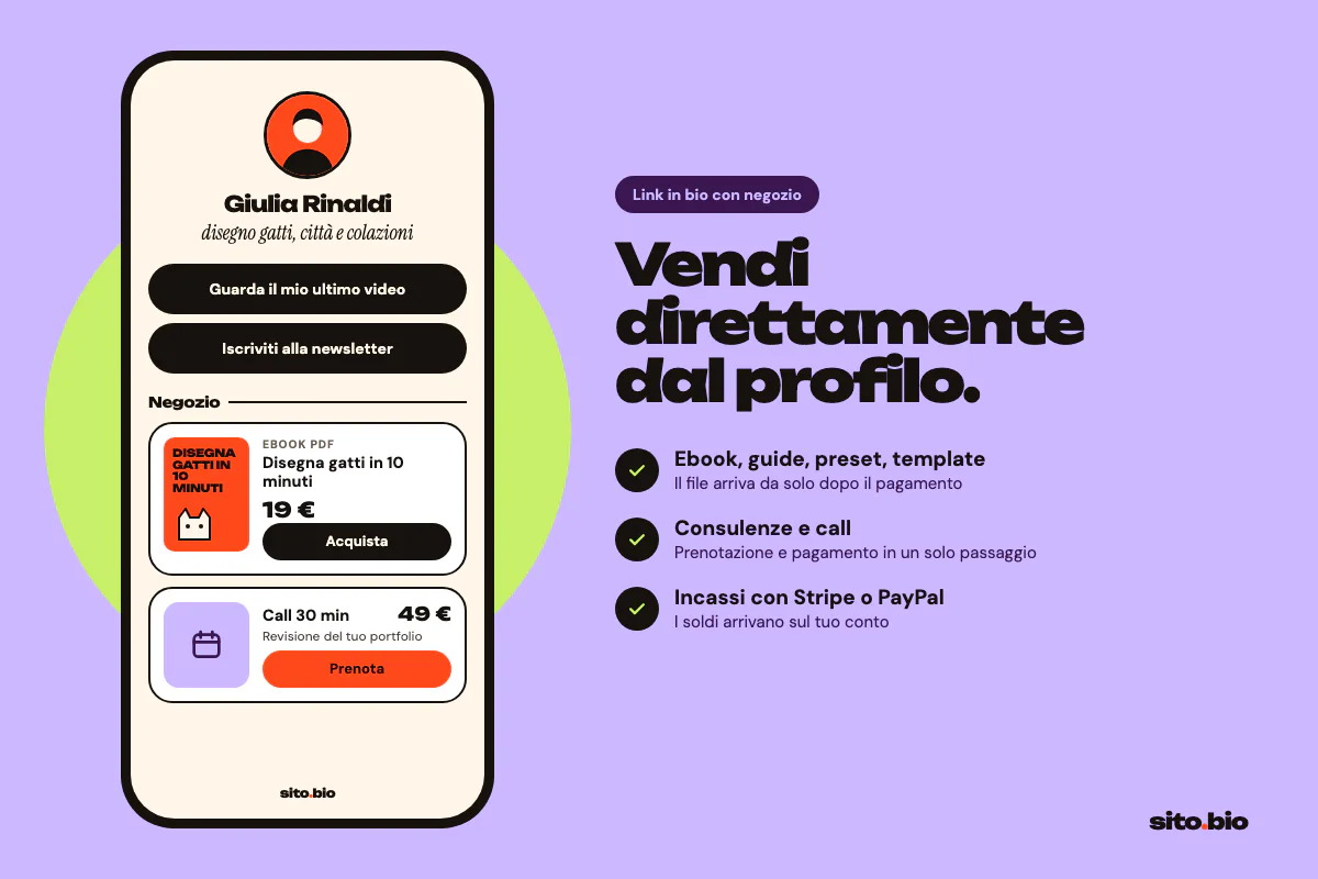 Esempio di link in bio con negozio per vendere ebook e consulenze
